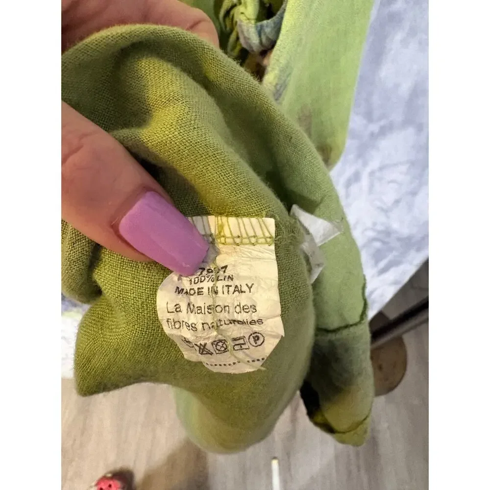 Green 100% Italian Linen Watercolor Floral Lagenlook Hobo Grunch Dress 0S Bubble